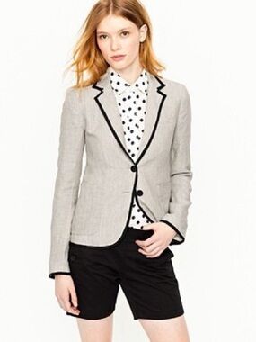 J CREW SCHOOLBOY LINEN BLAZER IN TIPPED Sz 8 White Contrasting Grosgrain Ribbon